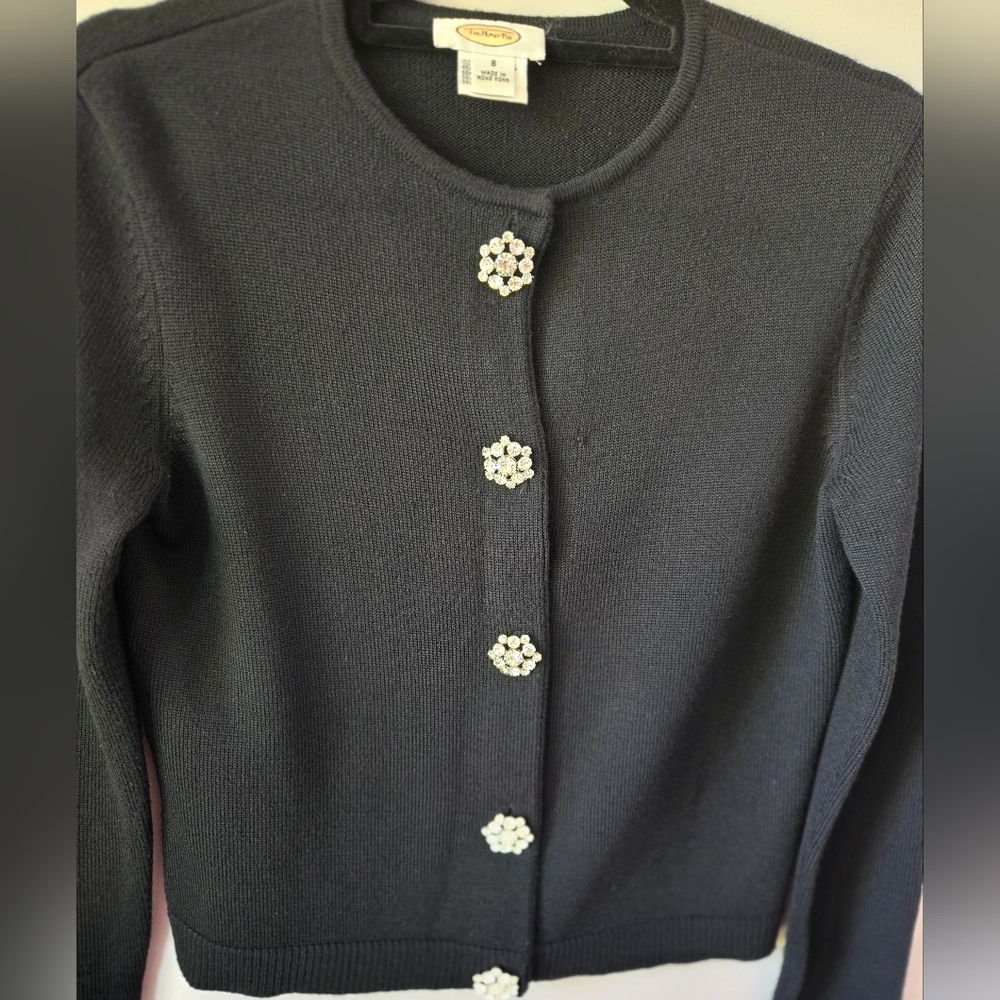 Talbots Black 100% Merino Wool Cardigan with Rhinestone Crystal Buttons - S - Picture 2 of 7